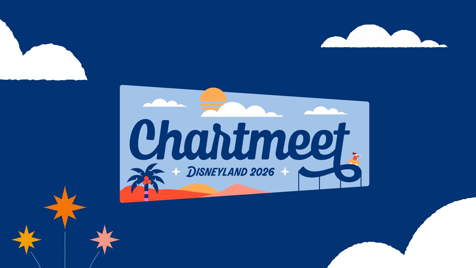 Chartmeet key visual: script wordmark on a sign against a navy sky with fireworks