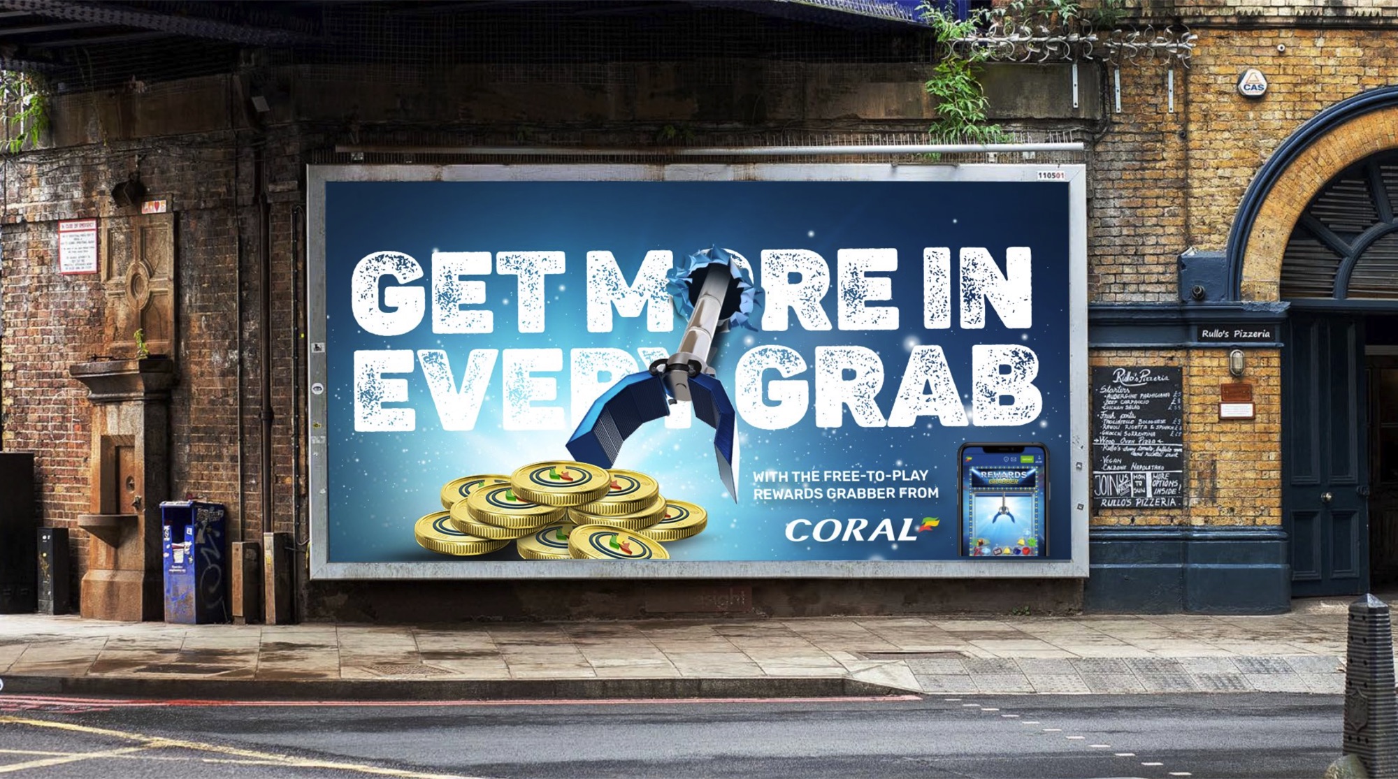 “Get more in every grab” billboard with the claw bursting out of the frame