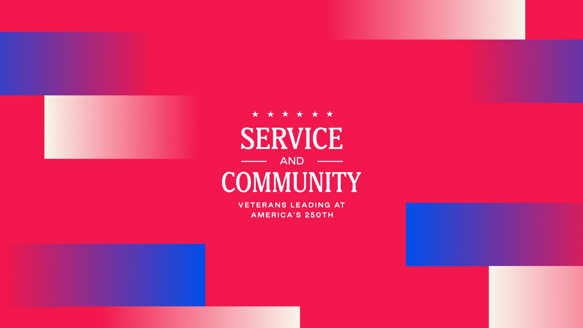 Service and Community identity on red with blue and white gradient bars