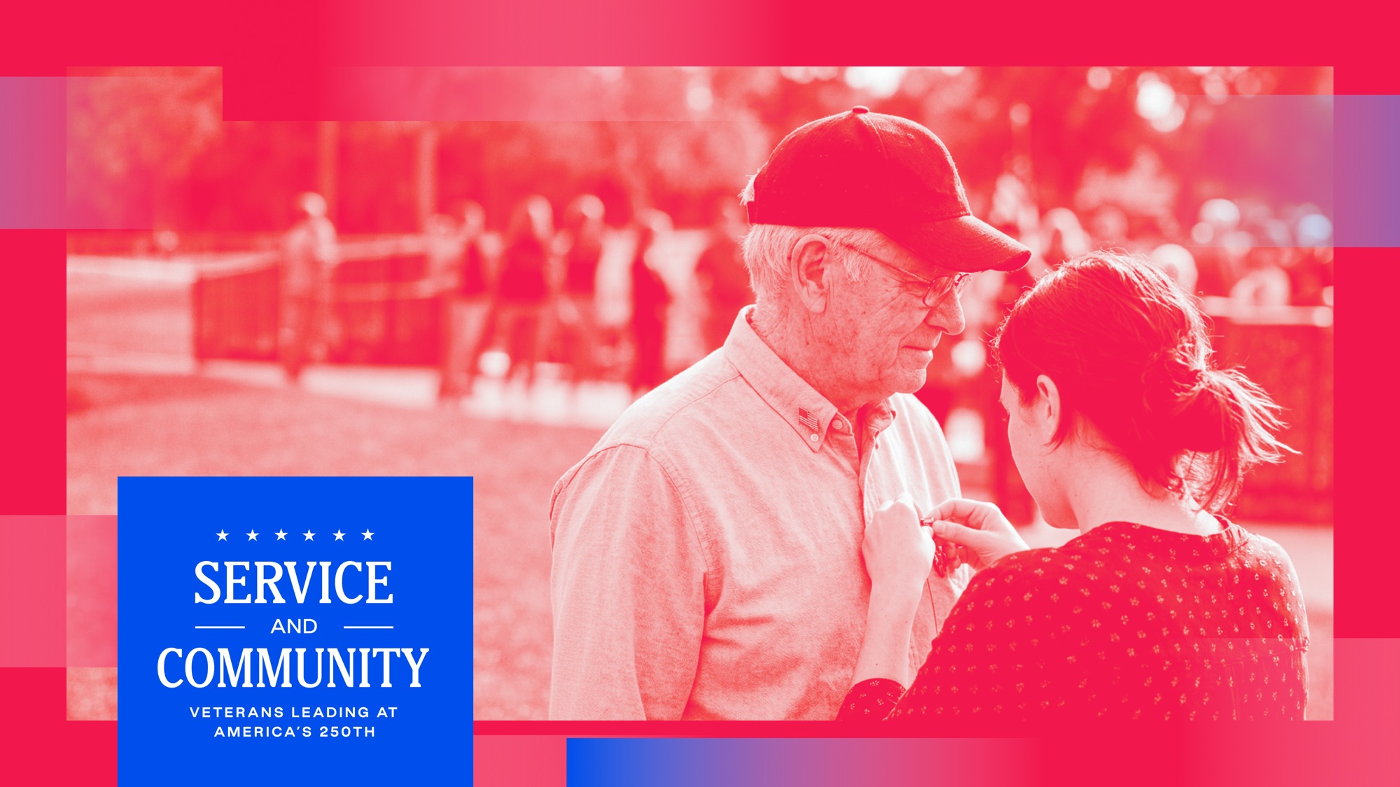 Service and Community event slide with a red duotone photo of a veteran