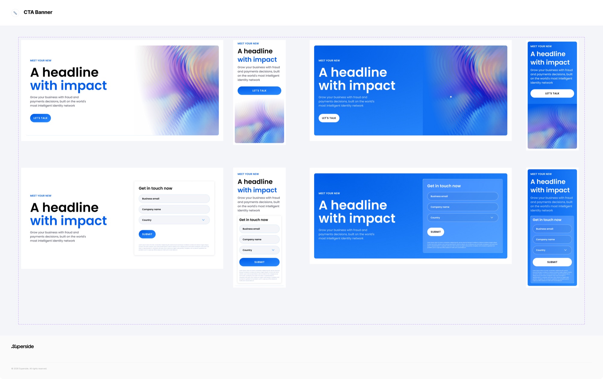 Forter design system board: CTA banner variants for desktop and mobile