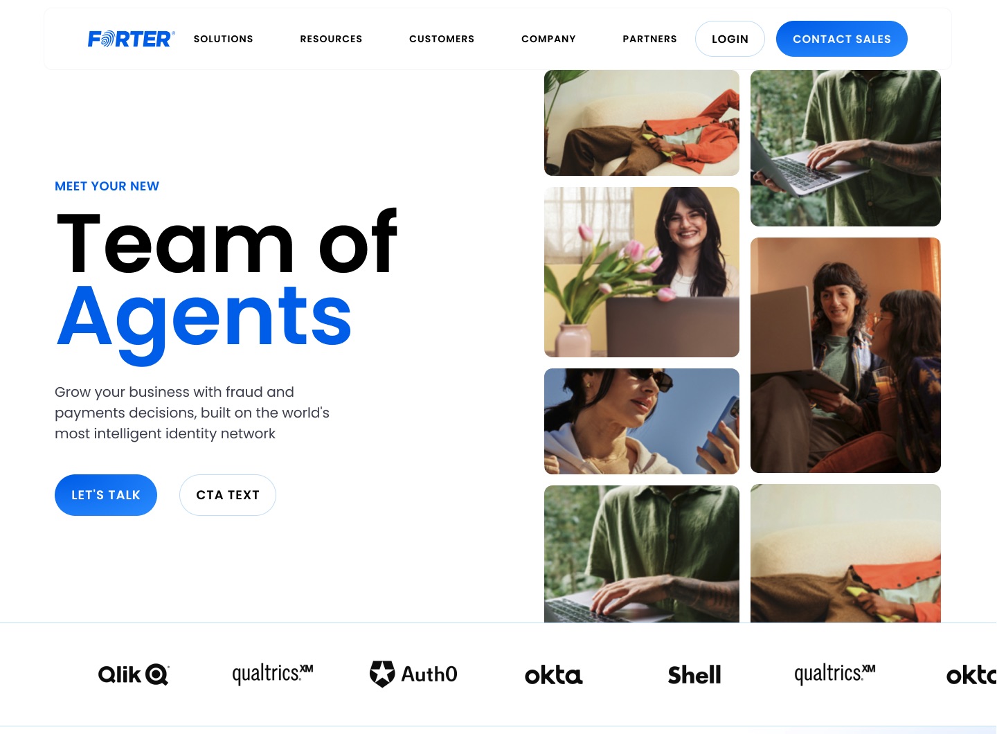 Forter homepage assembled from the design system: “Meet your new Team of Agents”