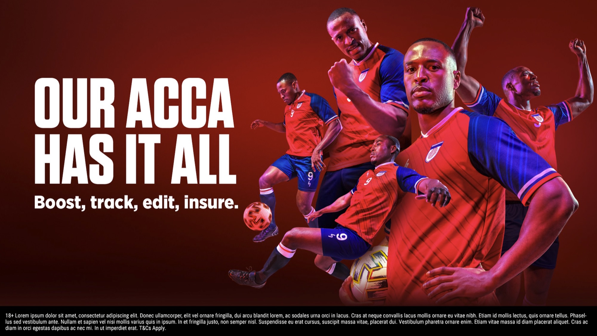 “Our acca has it all” banner with footballers in a layered composition