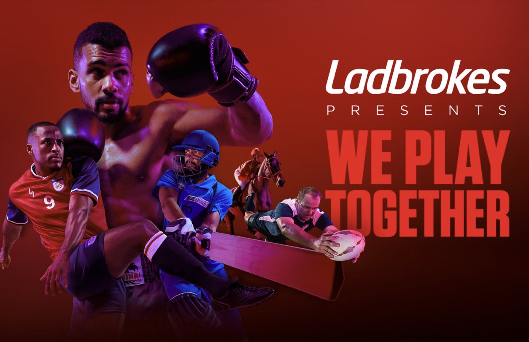Ladbrokes presents We Play Together key visual: a boxer, footballers, a cricketer and a rugby player in one red composition