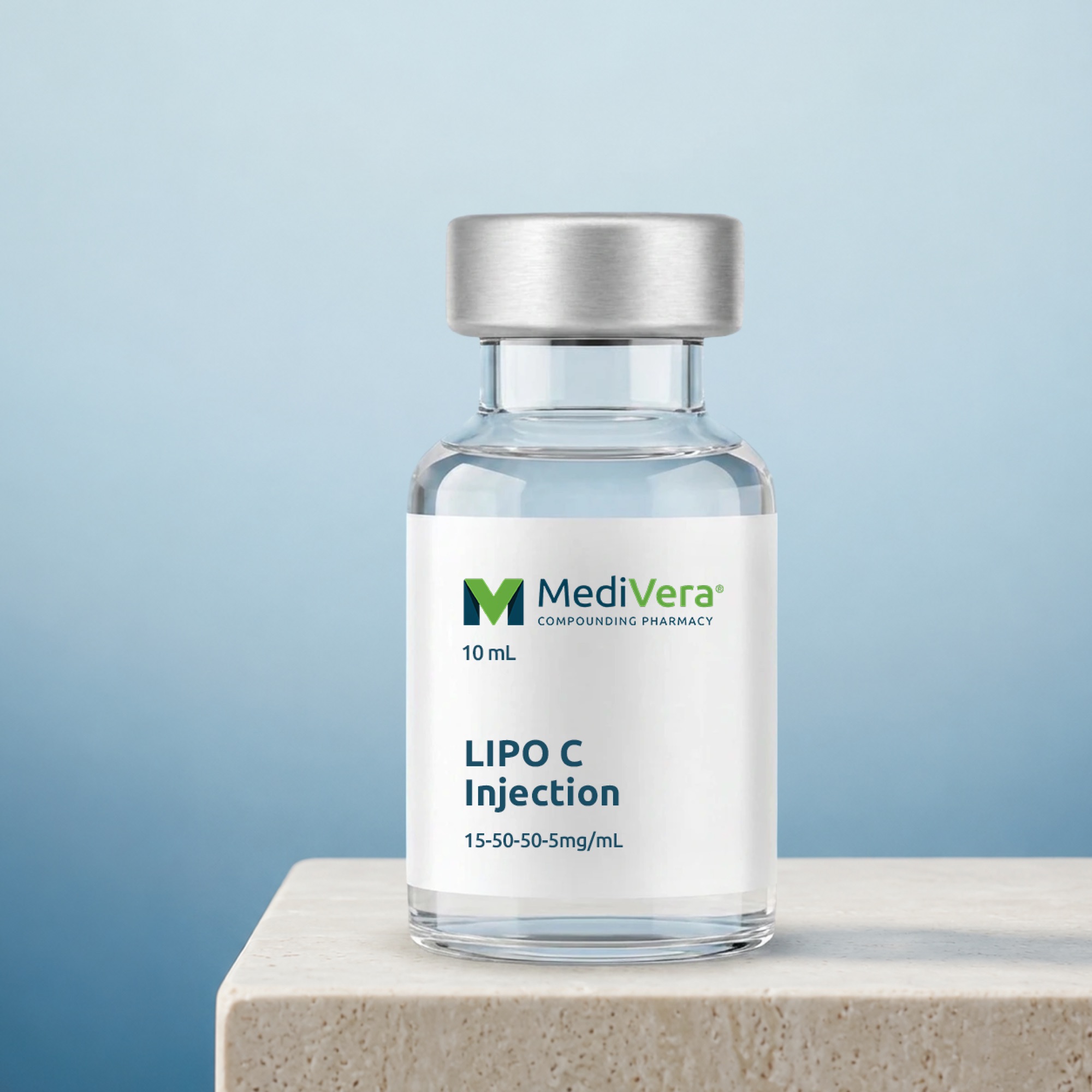 Photoreal mockup of a MediVera injection vial label