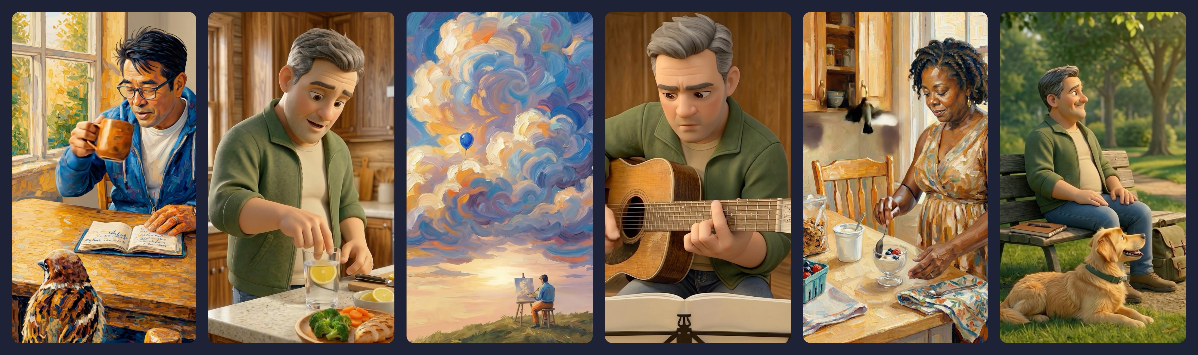 Frames from the Pfizer patient app film series, in several illustration styles