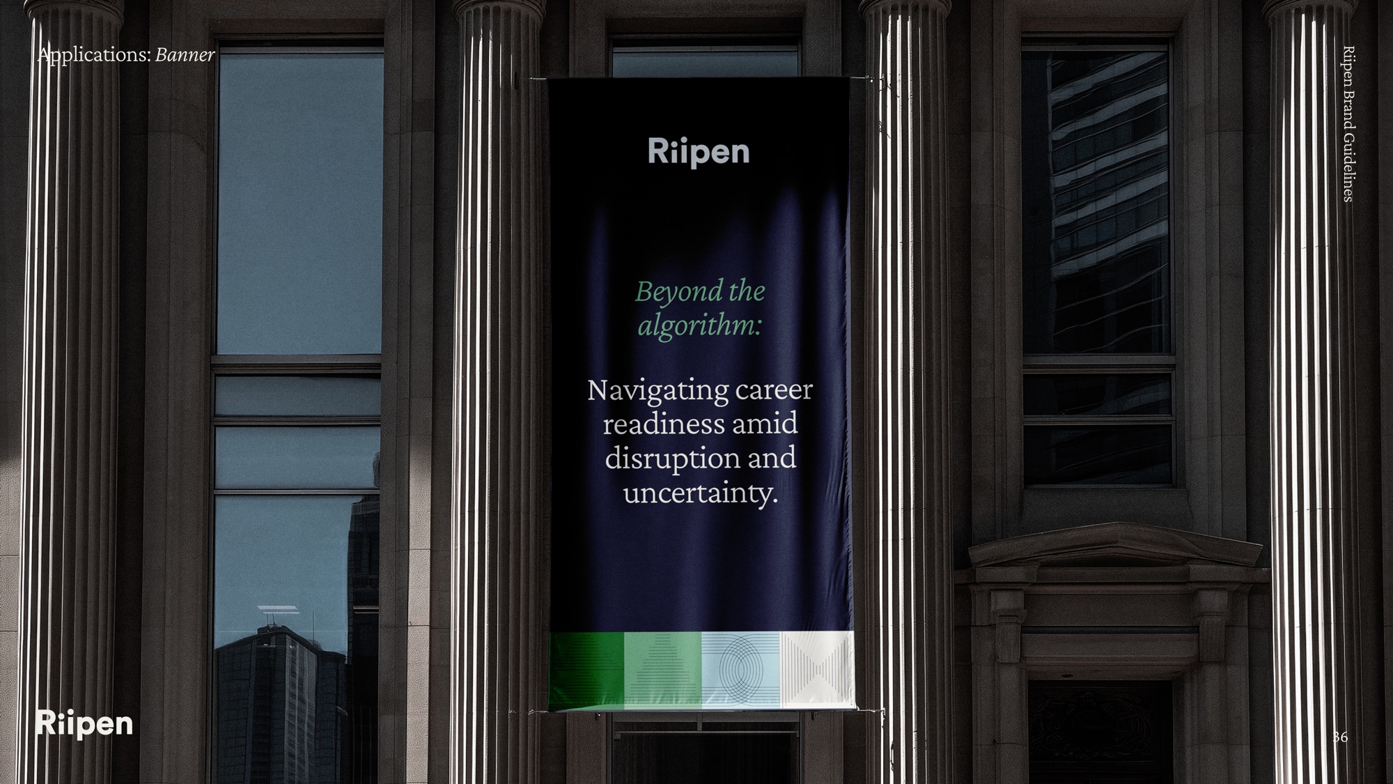 Riipen academic banner hanging between stone columns