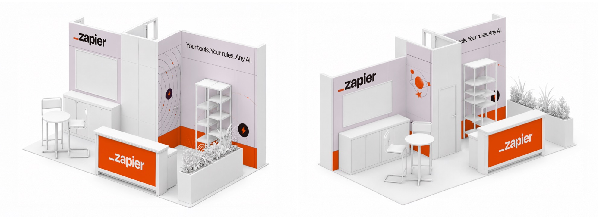 3D render of Zapier’s Ai4 booth: “Your tools. Your rules. Any AI.”