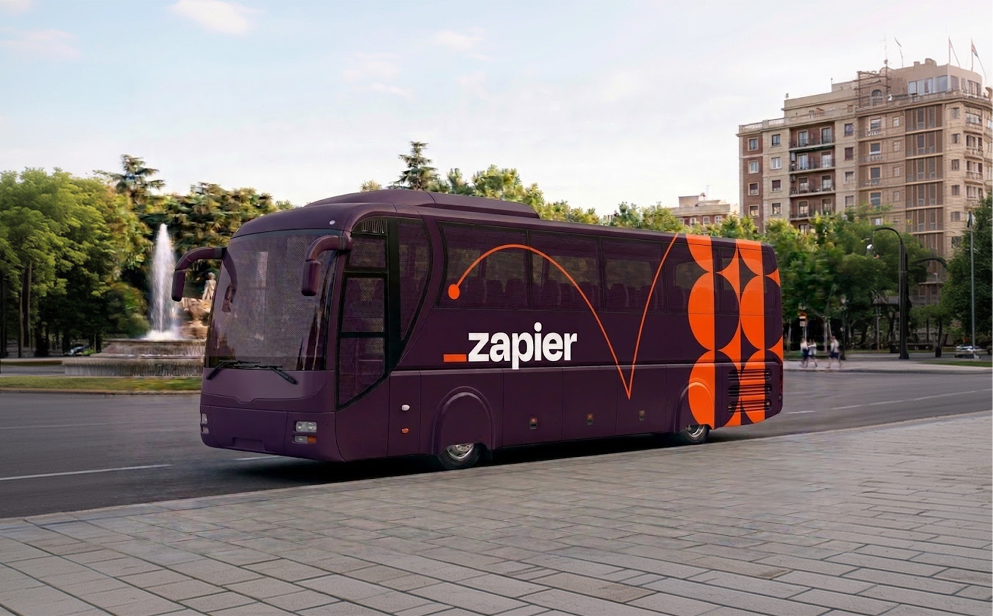 Zapier US Open bus wrap in deep purple with an orange tennis-ball pattern