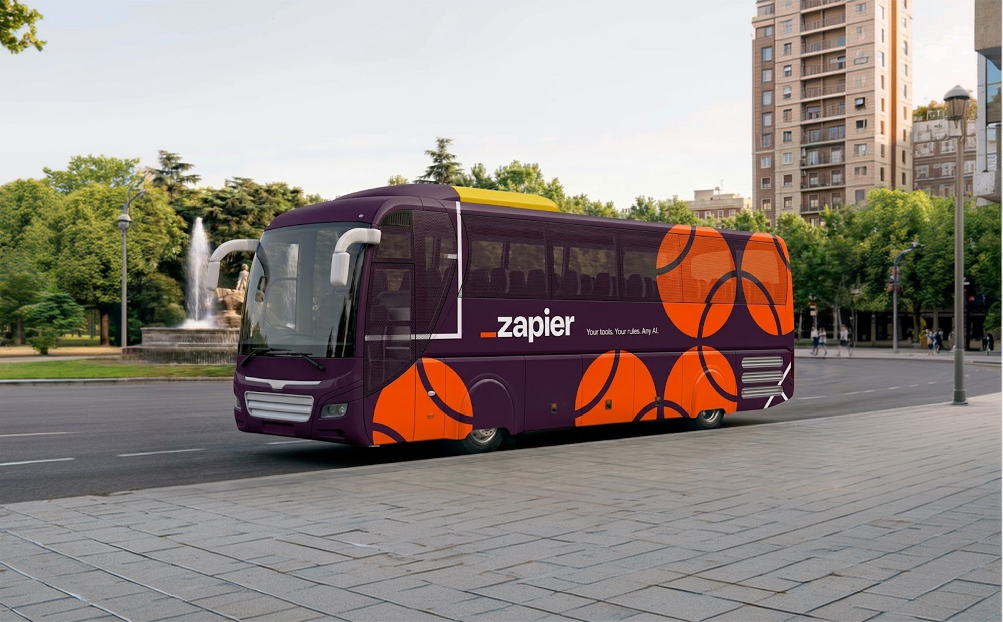 Alternative Zapier US Open bus wrap with large orange tennis balls